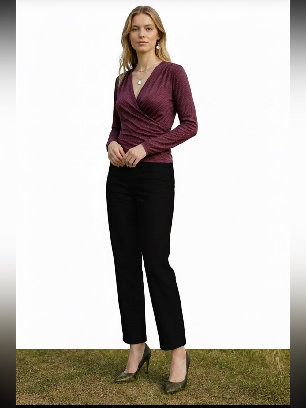 Haute Monde Burgundy diamond  Dot Wrap Blouse - Office to night out Retail $40 - Picture 10 of 10